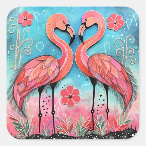 Valentine Flamingo Art Square Sticker