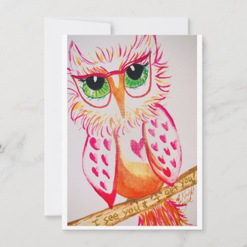 Valentine Flat Card  watercolor owl