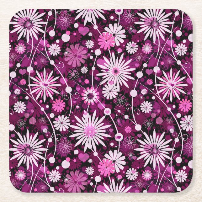 Valentine Floral Pattern Square Paper Coaster (Front)