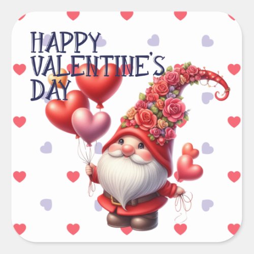 Valentine Flower Hat Gnome Heart Balloons  Square Sticker