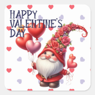 Valentine Flower Hat Gnome Heart Balloons  Square Sticker