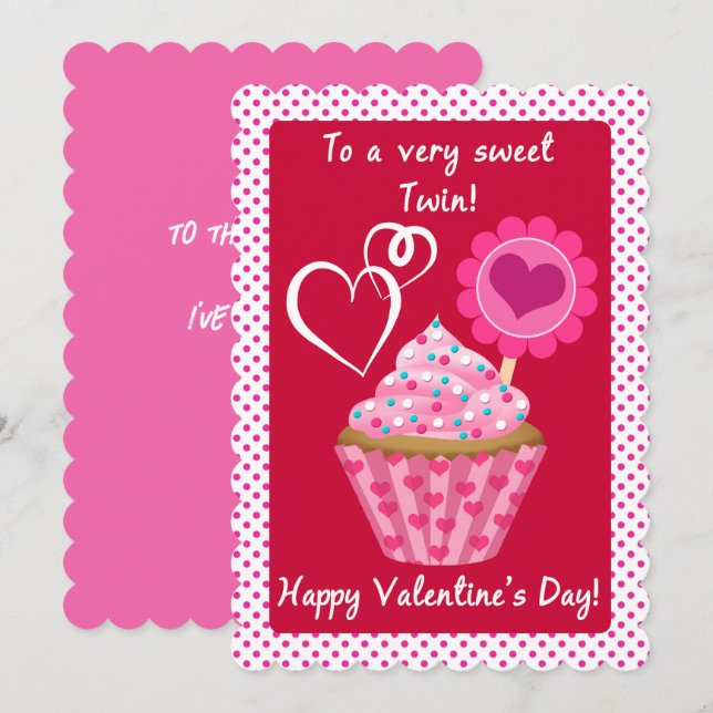 Valentine for Sweetest Twin Pink Decorated Cupcake (Front/Back)