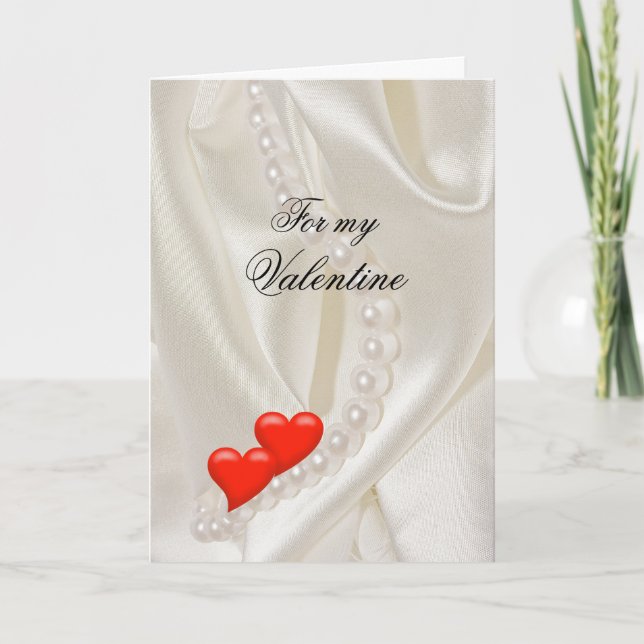 Valentine for wife Two Hearts and Pearls on satin Card (Front)