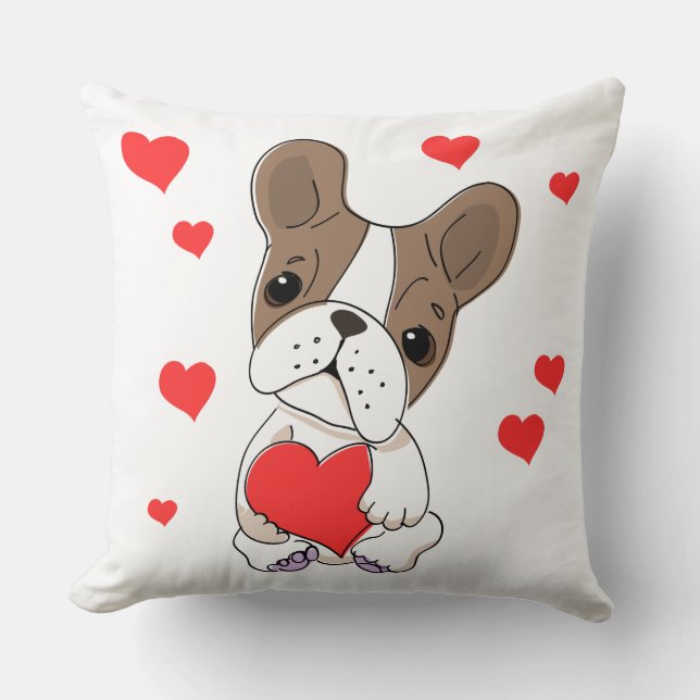 Valentine French Bulldog With Hearts Throw Pillow (Front)
