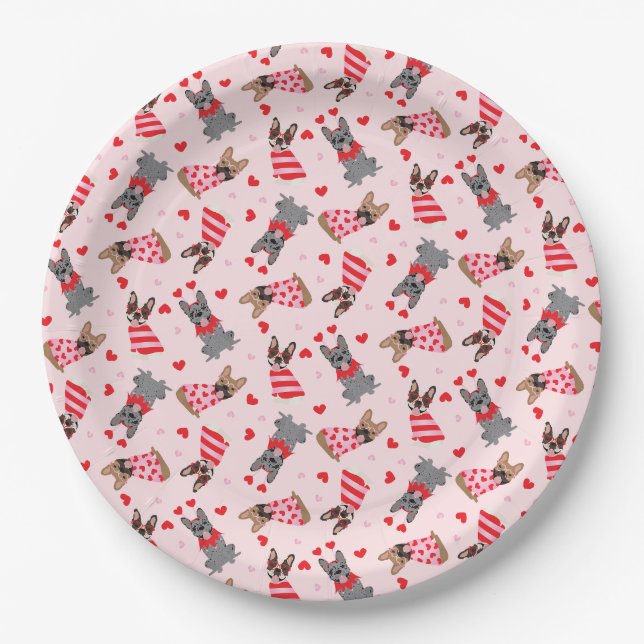 Valentine French Bulldogs Paper Plates (Front)