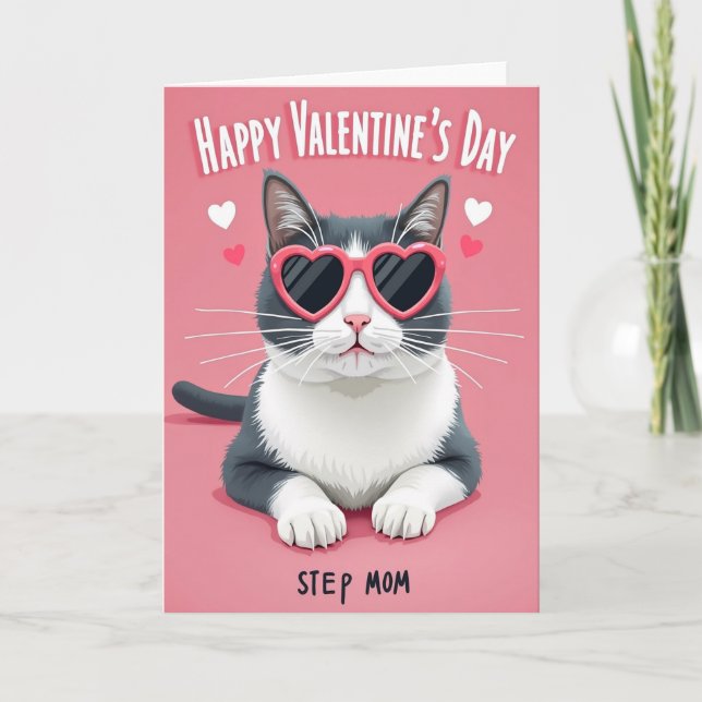 Valentine Funny Cat Step Mom Card (Front)