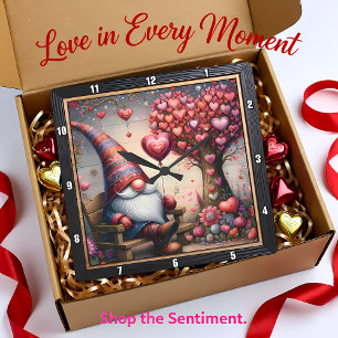Valentine Garden Gnome Heart Tree Square Wall Clock