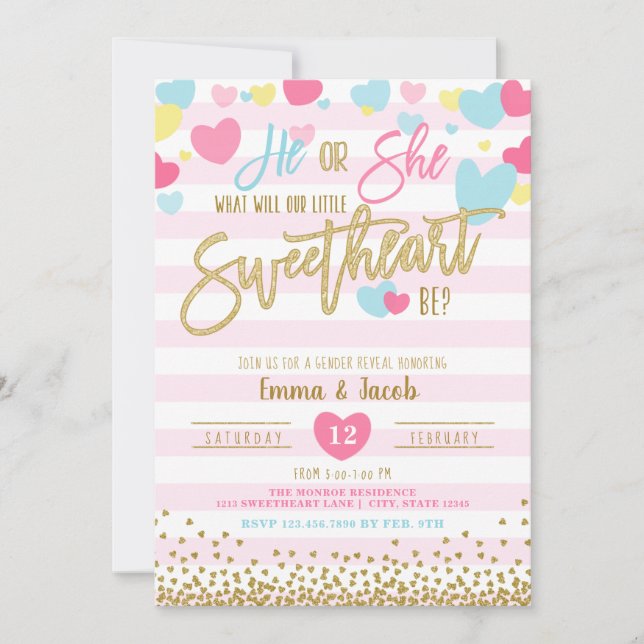 Valentine Gender Reveal Sweetheart He or She Invitation (Front)