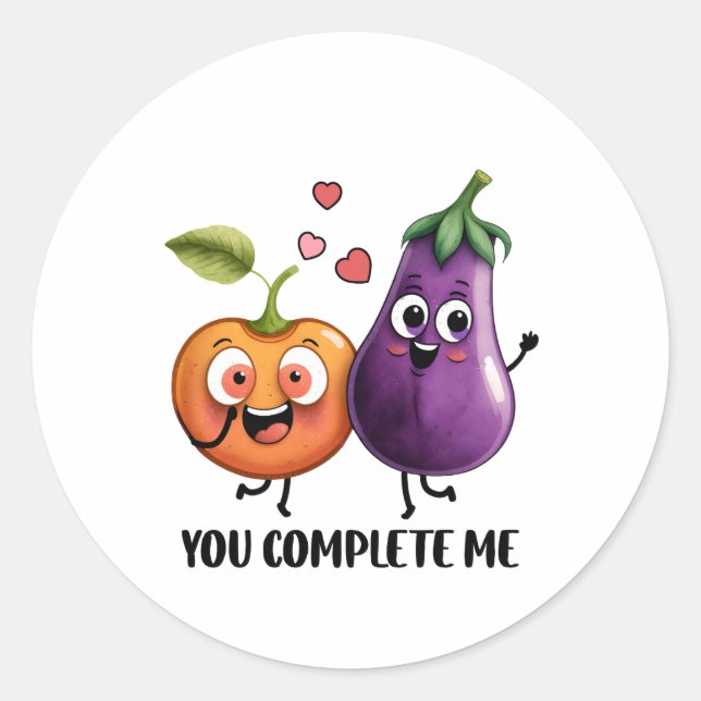 Valentine Gift Eggplant You Complete Me Classic Round Sticker (Front)