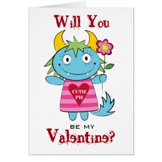 Valentine Girl Monster with Flower Greeting Card