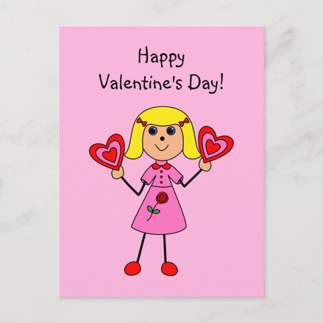 Valentine Girl Stick Figure Holiday Postcard (Front)