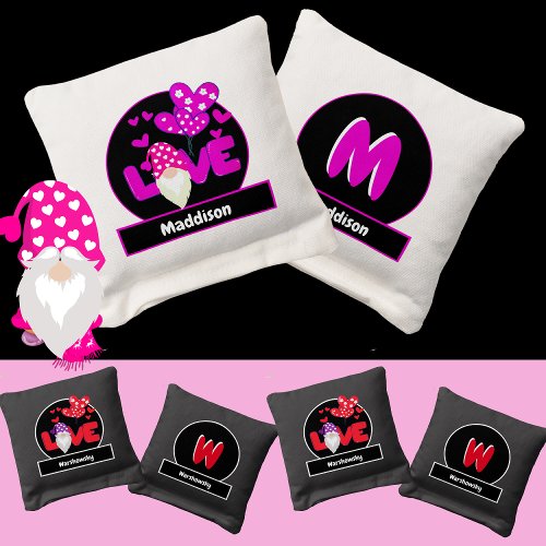 Valentine Gnome Family Monogram Name Magenta  Cornhole Bags