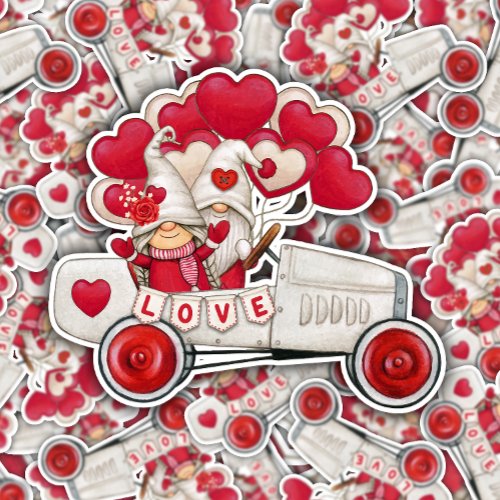 Valentine Gnome Go Cart Hearts  Die_Cut Sticker