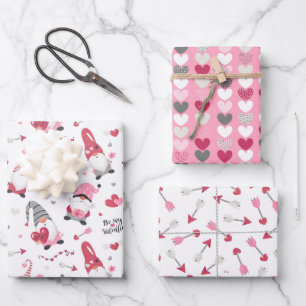 Valentine Gnome Heart Wrapping Paper Set of 3