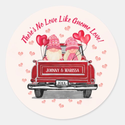 Valentine Gnome Love Pink Hearts Names Classic Round Sticker