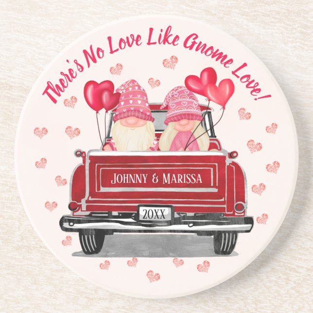 Valentine Gnome Love Pink Hearts Names Coaster (Front)
