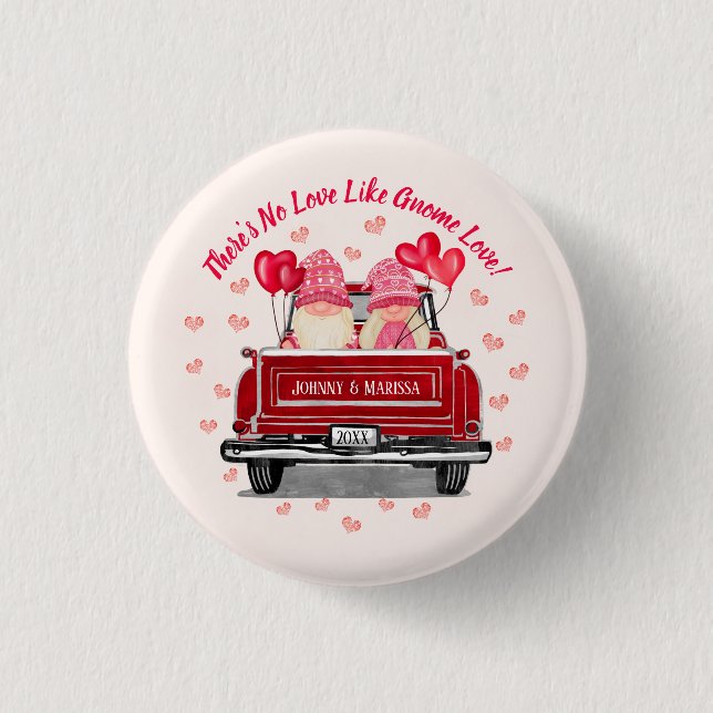 Valentine Gnome Love Pink Hearts Names Coaster Button (Front)