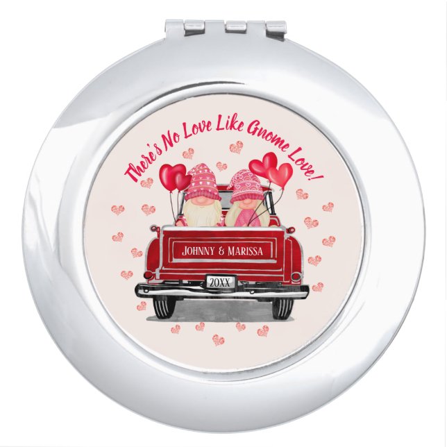 Valentine Gnome Love Pink Hearts Names Coaster Compact Mirror (Front)