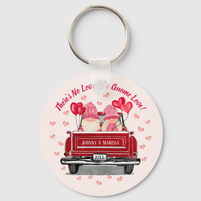Valentine Gnome Love Pink Hearts Names Coaster Keychain (Front)