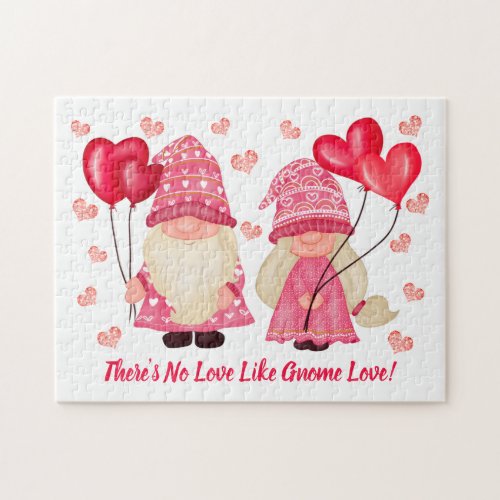 Valentine Gnome Love Quote Pink Red Hearts Couple Jigsaw Puzzle
