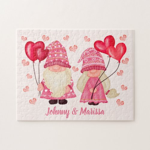 Valentine Gnome Love Quote Pink Red Hearts Couple  Jigsaw Puzzle