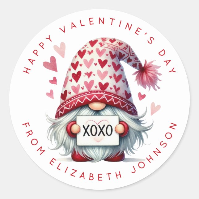 Valentine Gnome Personalized Name Round Stickers (Front)