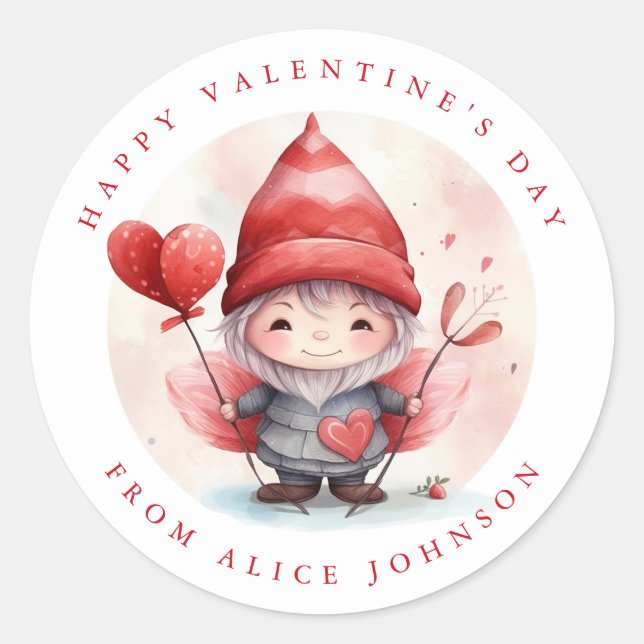 Valentine Gnome Personalized Name Round Stickers (Front)
