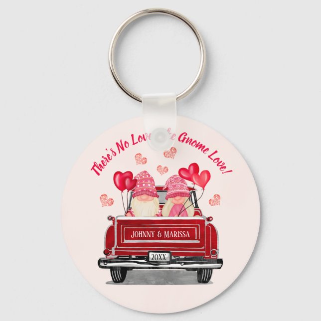 Valentine Gnome Vintage Red Truck Hearts Coaster Keychain (Front)