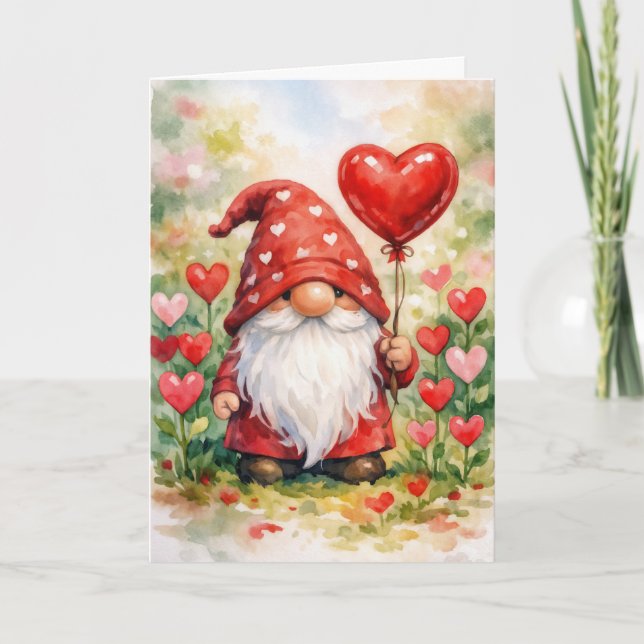 Valentine Gnome with Red Heart Balloon Card (Front)