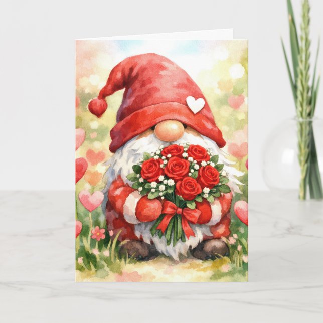 Valentine Gnome with Red Rose Bouquet Card (Front)