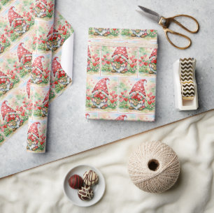 Valentine Gnome with Red Rose Bouquet Wrapping Paper