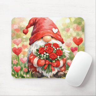 Valentine Gnome with Red Roses In a Garden Mouse Pad