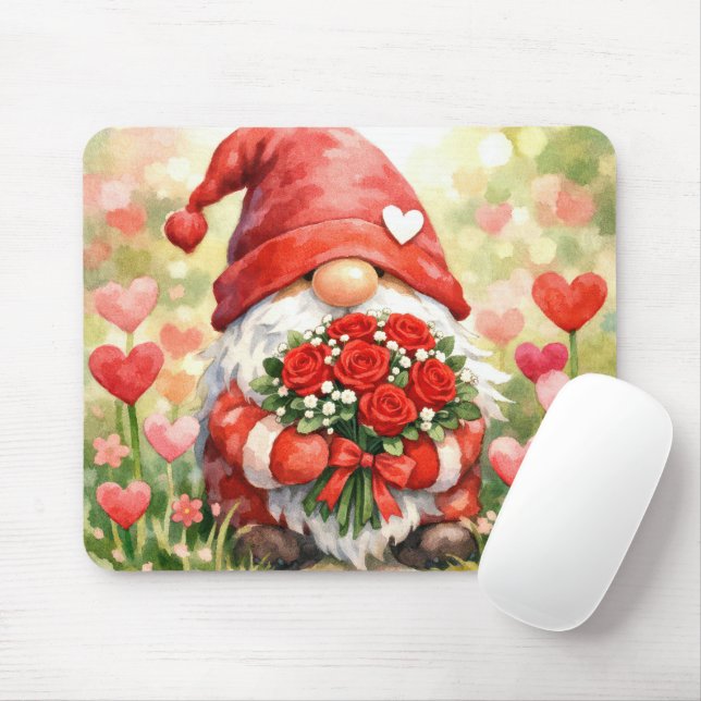 Valentine Gnome with Red Roses In a Garden Mouse Pad (With Mouse)