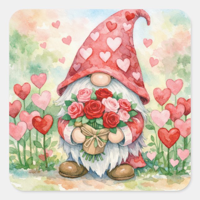 Valentine Gnome with Red Roses Square Sticker (Front)