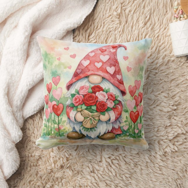 Valentine Gnome with Red Roses Throw Pillow (Blanket)