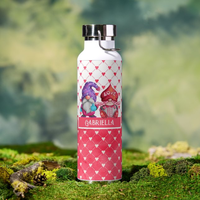 Valentine Gnomes and Heart Patterns Personalized Water Bottle (Outdoor)