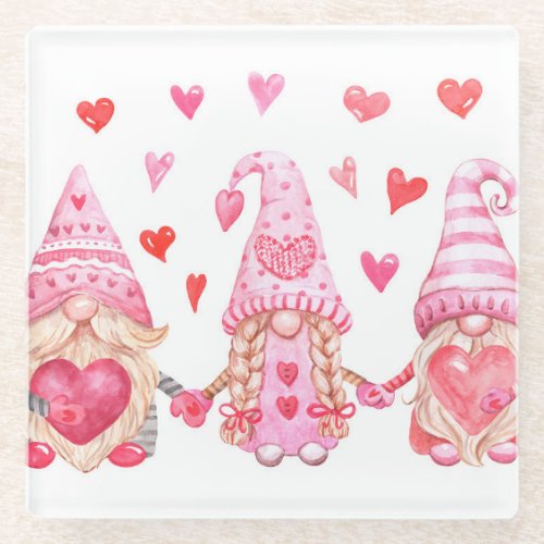 Valentine Gnomes Cute Watercolor Illustration Glass Coaster