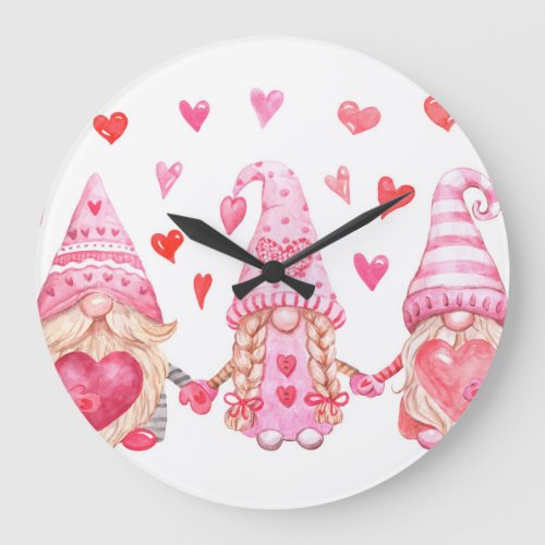 Valentine Gnomes Cute Watercolor Illustration Large Clock