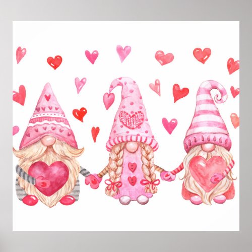 Valentine Gnomes Cute Watercolor Illustration Poster