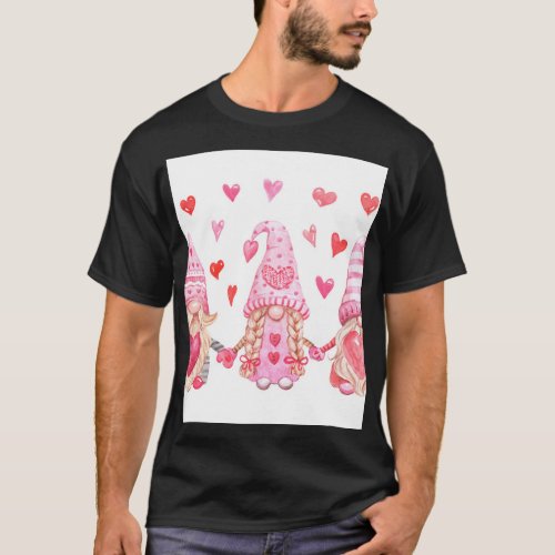 Valentine Gnomes Cute Watercolor Illustration T_Shirt