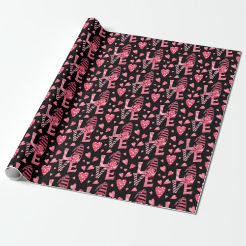 Valentine Gnomes Love Birdhouse Set on Black Wrapping Paper