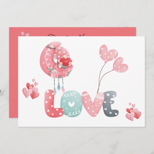 Valentine Gnomes Love Moon Pink hearts Valentine Holiday Card