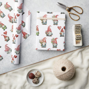 Valentine Gnomes On White Wrapping Paper