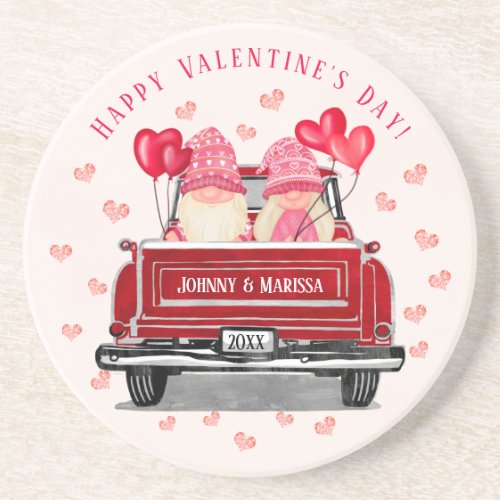 Valentine Gnomes Vintage Red Truck Pink Hearts Coaster