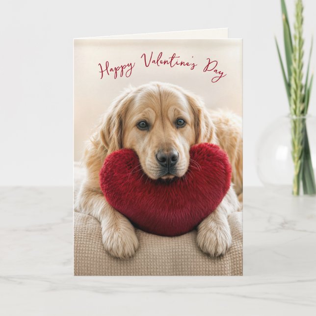 Valentine Golden Retriever with Heart Pillow Card (Front)