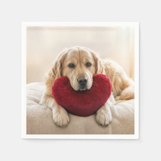 Valentine Golden Retriever with Heart Pillow Napkins (Front)