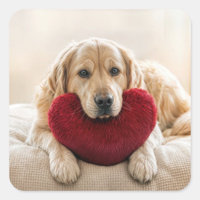 Valentine Golden Retriever with Heart Pillow Square Sticker (Front)