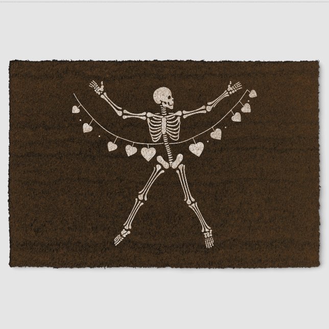 Valentine Goth Skeleton with Hearts Coir Fiber Doormat (Front)