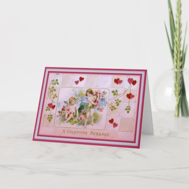 Valentine Greeting-Valentine Cupids and Pink Roses Holiday Card (Front)