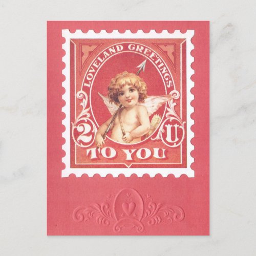 Valentine Greetings Cupid Red Stamp  Postcard